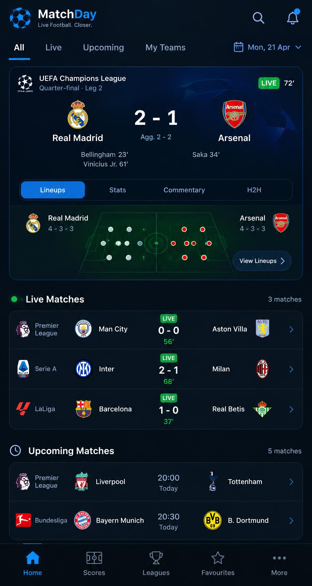 Nova Soccer Hub Pro app showing live football scores, fixtures, and match details